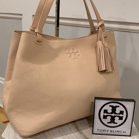 Tory Burch Handbags - Tory Burch Thea Tassel Tru-Compartment Soft Pink Pebbled Leather Tote Bag